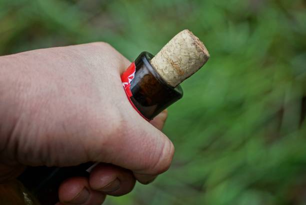hand holds a glass bottle with wine closed with a brown cork on the street on a green background