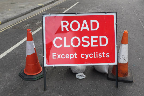 istock Road closed Except cyclists, road sign. 1292778718