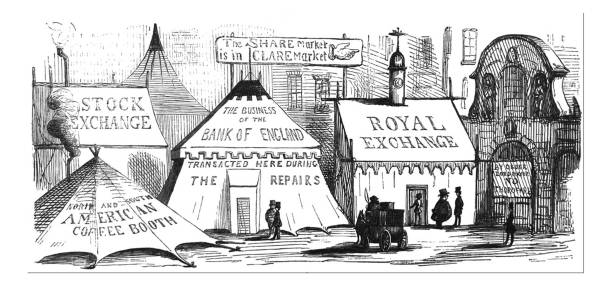 британская сатира комические карикатуры иллюстрации - финансовые учреждения в цирковых палатках - банки - bank of england stock illustrations