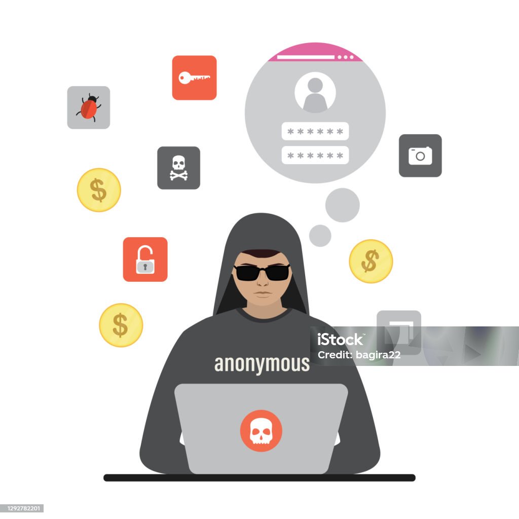 Cartoon Attacking Computer Cartoon Man At Workplace And Use Laptop Hacker At Work Anonymous ...