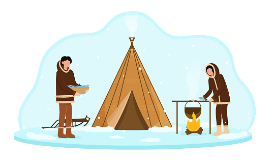 Eskimos wearing traditional clothes cooking food on fire near tent. Alaska people with cauldron on fire place and ice and snow background. Flat cartoon vector illustration
