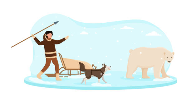 Eskimo wearing traditional clothes hunting on white bear with a spare Eskimo wearing traditional clothes hunting on white bear with a spare. Alaska man sneaking behind bear trying to throw a spare. Flat cartoon vector illustration chukchi stock illustrations