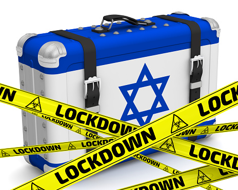Retro suitcase with the flag of Israel stands on a white surface with yellow warning tapes that say LOCKDOWN. 3D illustration