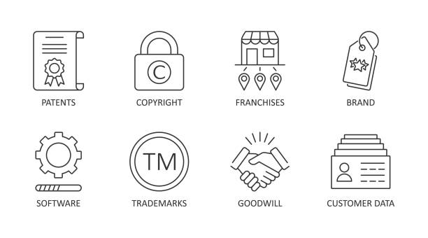 Vector icons of intangible assets. Editable stroke. Business set symbols patents copyright franchises goodwill trademarks brand names self-developed software licenses. Isolated on a white background Vector icons of intangible assets. Editable stroke. Business set symbols patents copyright franchises goodwill trademarks brand names self-developed software licenses. Isolated on a white background. trademark stock illustrations