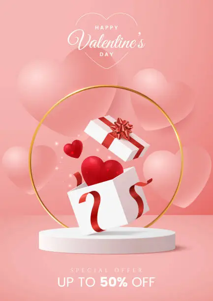 Vector illustration of Valentine's day greeting card design concept. Open gift box with red heart inside and sparkling golden confetti on pink background. Valentines day sale banner template. A4 size. Vector illustration.