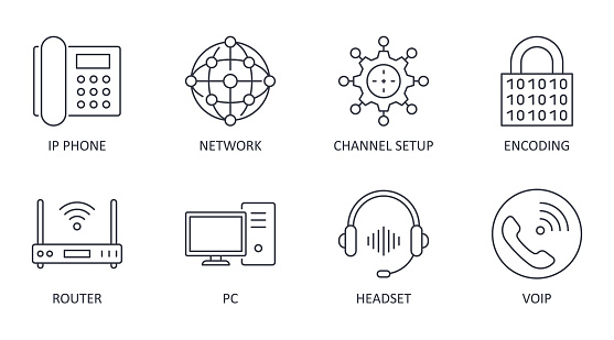 Vector Voice over IP icons. Editable stroke. IP phone router network pc channel setup configuration encoding headset multimedia VoIP.