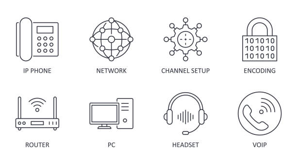 Vector Voice over IP icons. Editable stroke. IP phone router network pc channel setup configuration encoding headset multimedia VoIP Vector Voice over IP icons. Editable stroke. IP phone router network pc channel setup configuration encoding headset multimedia VoIP. voip stock illustrations