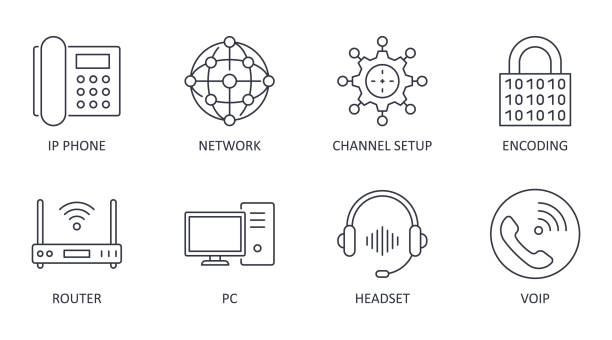 Vector Voice over IP icons. Editable stroke. IP phone router network pc channel setup configuration encoding headset multimedia VoIP Vector Voice over IP icons. Editable stroke. IP phone router network pc channel setup configuration encoding headset multimedia VoIP. computer settings screen stock illustrations