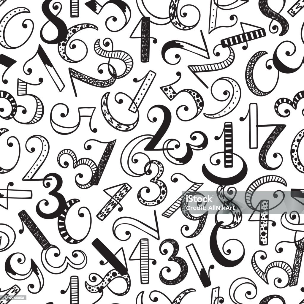 Hand Drawn Cartoon Doodle Number Seamless Pattern Latin Alphabet Numbers  From 0 To 9 With Different Patterns Mathematical Background For Kids Back  To School Black And White Scandinavian Style Stock Illustration -
