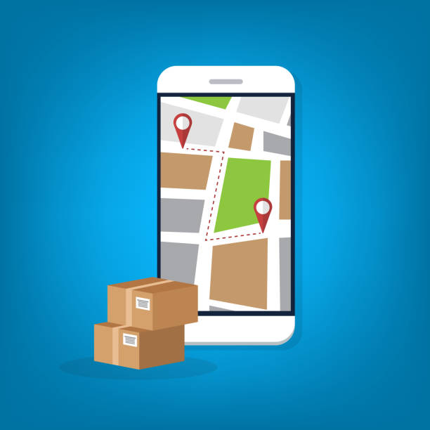 istock Package delivery tracking on cellphone or mobile phone. Smartphone telephone with city map on screen and pin pointers destination location with packaging boxes, shipping logistic. 1292789021