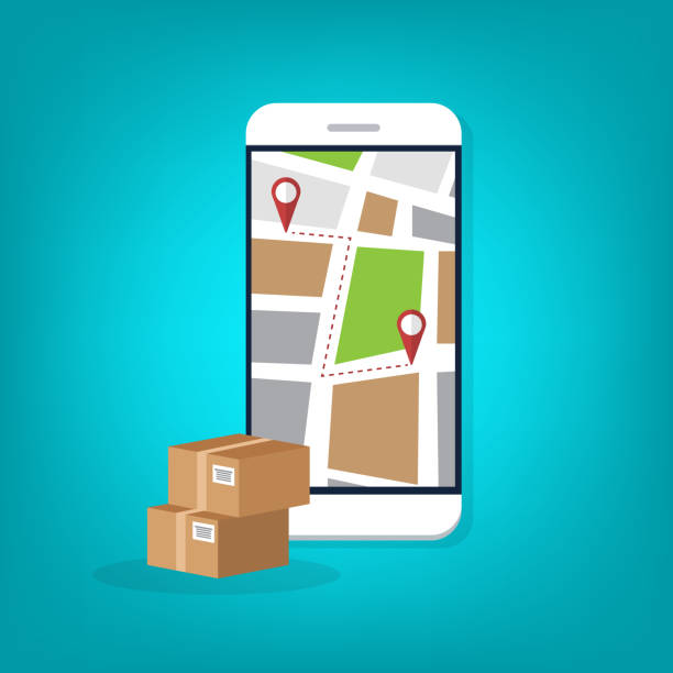 istock Package delivery tracking on cellphone or mobile phone. Smartphone telephone with city map on screen and pin pointers destination location with packaging boxes, shipping logistic. 1292789072
