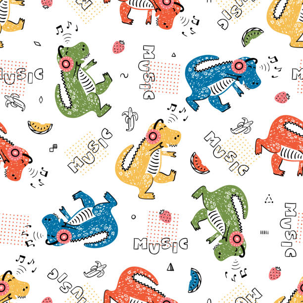 bezszwowy wzór dla dzieci mody z dinosaur music lover. ręcznie rysowane doodle dancing cute dinosaur słuchanie muzyki na słuchawki. cartoon zwierząt wektor tło - strawberry plant audio stock illustrations