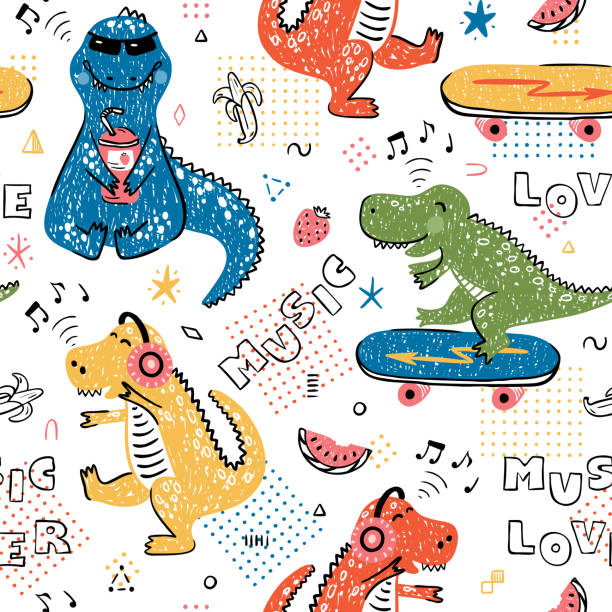 music lover dinosaur bezszwowy wzór dla mody dziecięcej. dziecinne tło z cute dinozaury. ilustracja wektorowa cartoon animal - strawberry plant audio stock illustrations