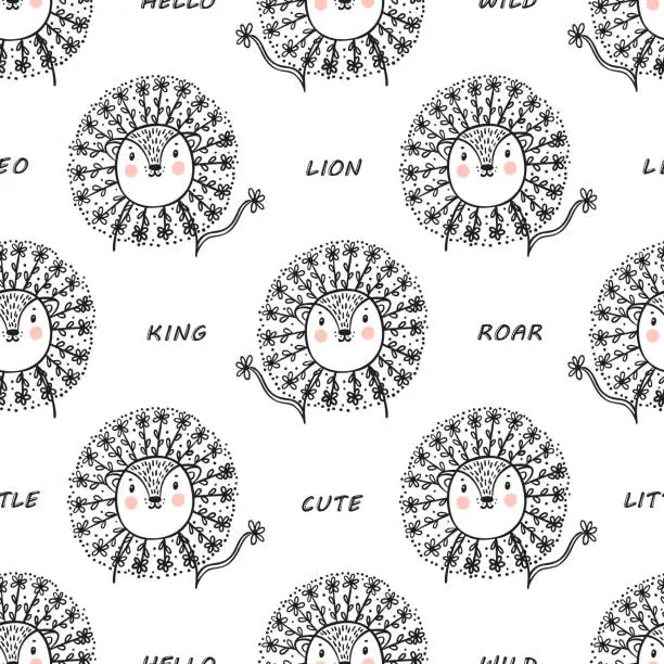 Vector illustration of Seamless pattern for kids with Cute Floral Lion. Hand drawn doodle Lion Head with Flower Mane Summer background. Cartoon Animal vector illustration. Wallpaper for Children