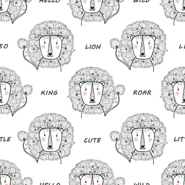 Vector illustration of Seamless pattern for kids with Cute Floral Lion. Hand drawn doodle Lion Head with Dandelion Flower Mane Summer background. Cartoon Animal vector illustration. Wallpaper for Children