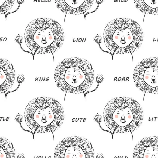 Vector illustration of Seamless pattern for kids with Cute Floral Lion. Hand drawn doodle Lion Head with Flower Mane Summer background. Cartoon Animal vector illustration. Wallpaper for Children