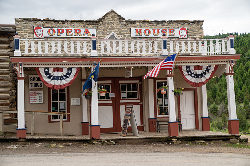 Virginia City, Montana - June 29, 2020: Old historical Opera House, still doing performances, in the ghost town