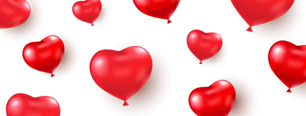 istock Heart red balloons long banner. Realistic foil balloon shape heart. Celebration background. Happy Valentine's Day holiday card. Luxury party border. Vector illustration 1292791825