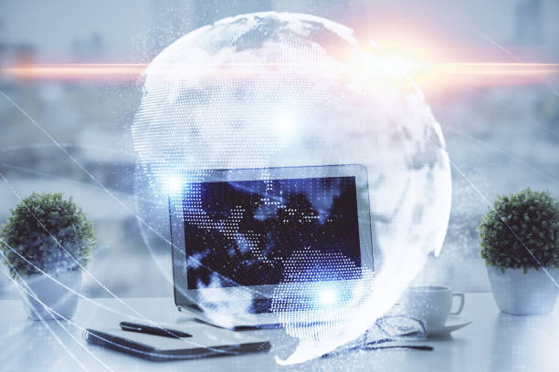 istock Double exposure of business theme icons and work space with computer background. Concept of success. 1292792470