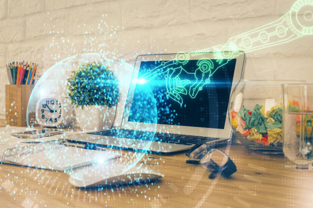 istock Multi exposure of desktop with personal computer and tech theme drawing. Concept of Bigdata. 1292792614