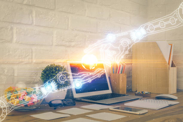 istock Multi exposure of desktop with personal computer and tech theme drawing. Concept of Bigdata. 1292793010
