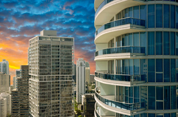 Architecture: Sunrise behind High Rise Buildings Create an Urban Landscape, Miami, Florida stock photo