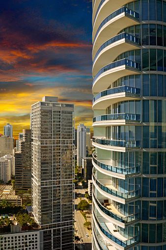 Downtown Brickell office buildings. Long exposure photo with cloud motion blur