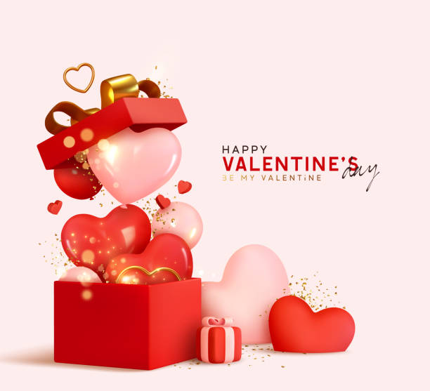 istock Valentine's day design. Realistic red gifts boxes. Open gift box full of decorative festive object. Holiday banner, web poster, flyer, stylish brochure, greeting card, cover. Romantic background 1292793943