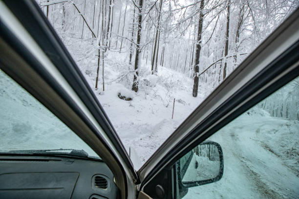 Exiting Car in Winter Wonderland.