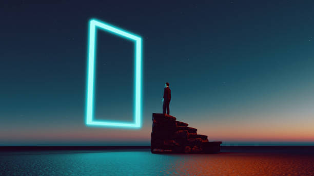 Digitally generated image of man standing on staircase in front of neon portal. Concept of chosing the right path.
