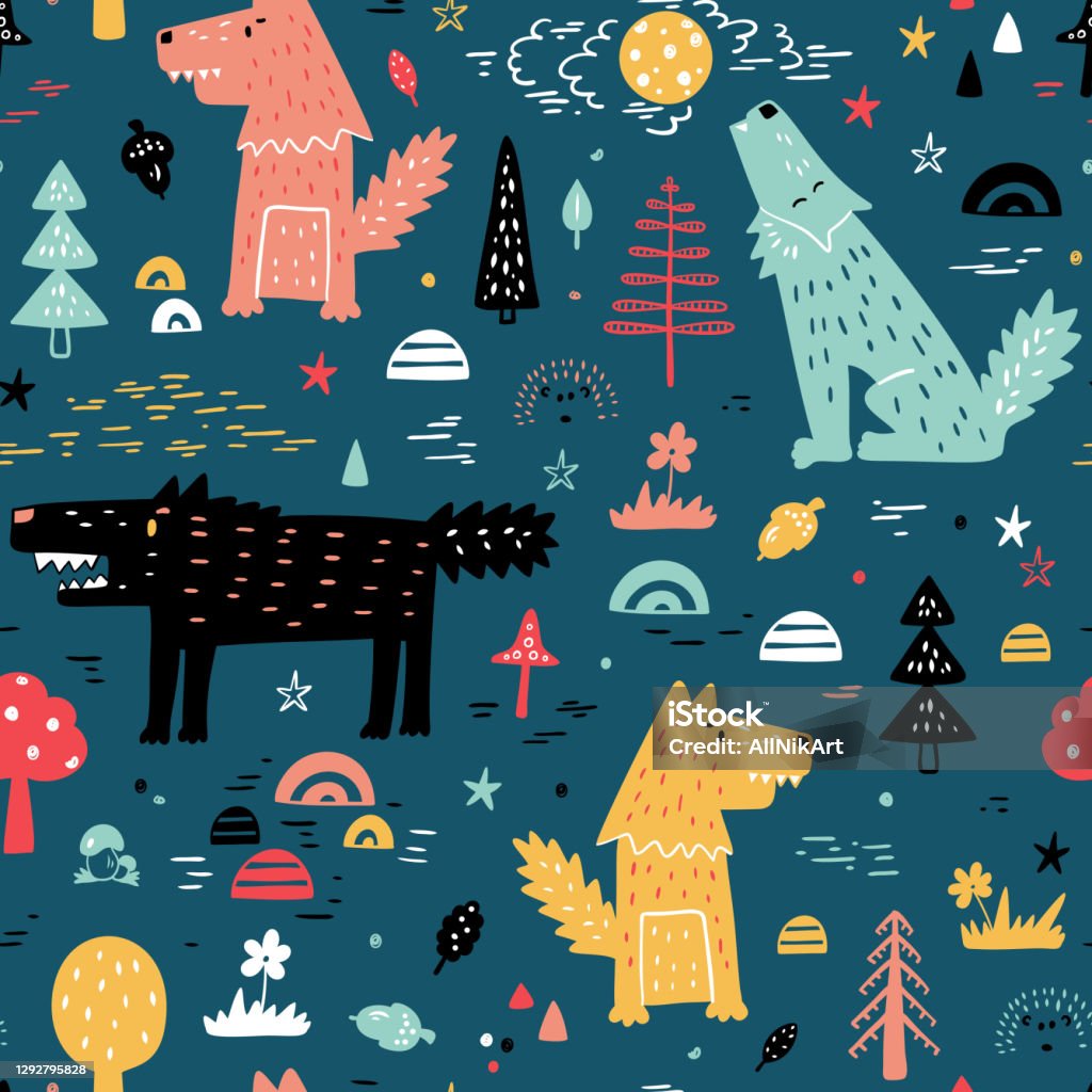 Mô Hình Wolf Vector Liền Mạch Dễ Thương Nền Trẻ Con Với Vẽ Tay ...