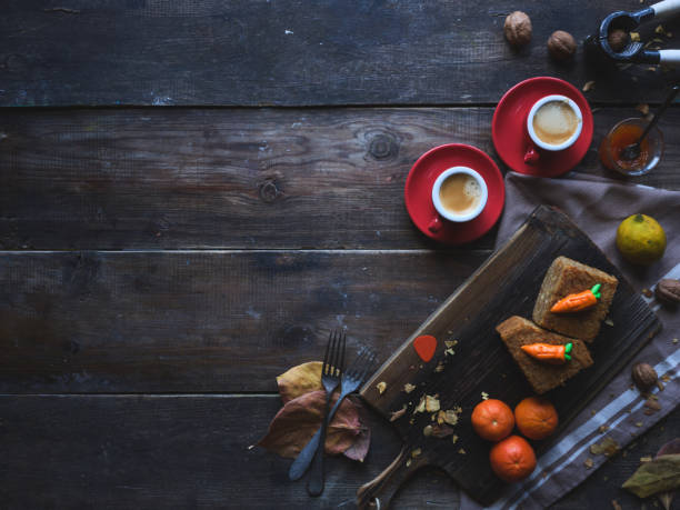 Carrot cake, espresso wood background