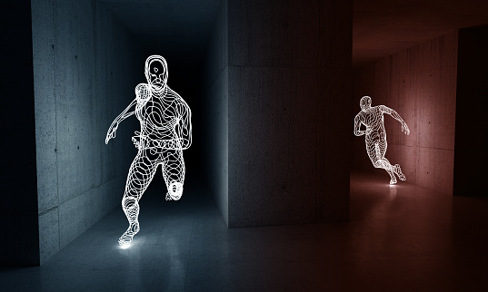See through light sculptures of two men chasing each other between dark concrete underground space. 3d installation dark strange render.