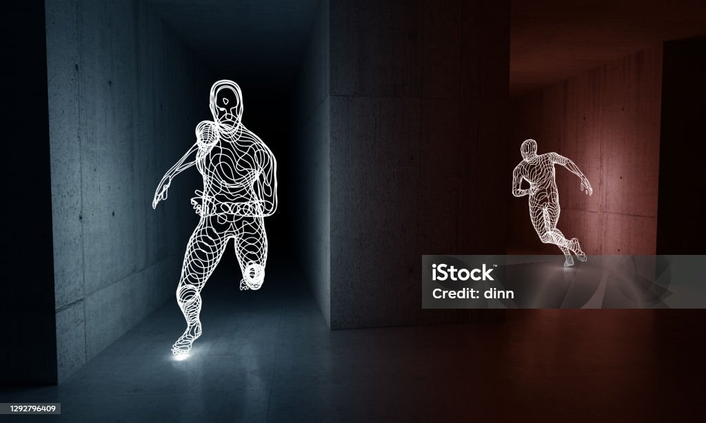 Two men running one after another, inside a concrete labyrinth. 3d art. See through light sculptures of two men chasing each other between dark concrete underground space. 3d installation dark strange render. Pursuit - Concept Stock Photo