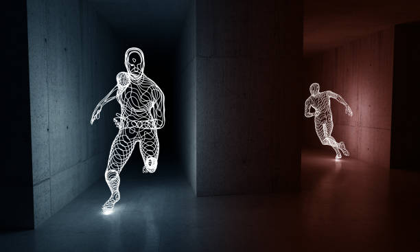Two men running one after another, inside a concrete labyrinth. 3d art. stock photo