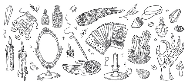 Hand drawn esoteric and acult signs, in sketch style. For stickers, temporary tattoo.