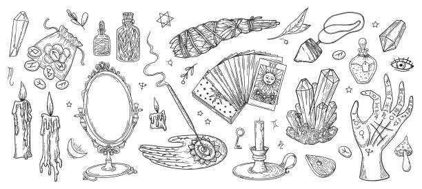 Vector witchcraft set, magic objects and mystery symbols: antique mirror, candles, crystals, runes, tarot cards. Hand drawn esoteric and acult signs, in sketch style. For stickers, temporary tattoo. vintage tattoo styles stock illustrations