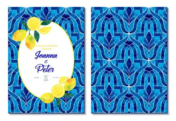 Vector illustration of Wedding Invitation Card Design with Fresh Lemons and Navy Blue Mediterranean Tiles. Wedding Concept, Design Element.