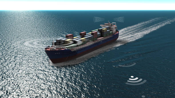 istock 3D rendering- Cargo ship with radar,antenna and wifi signal- aerial view 1292798861