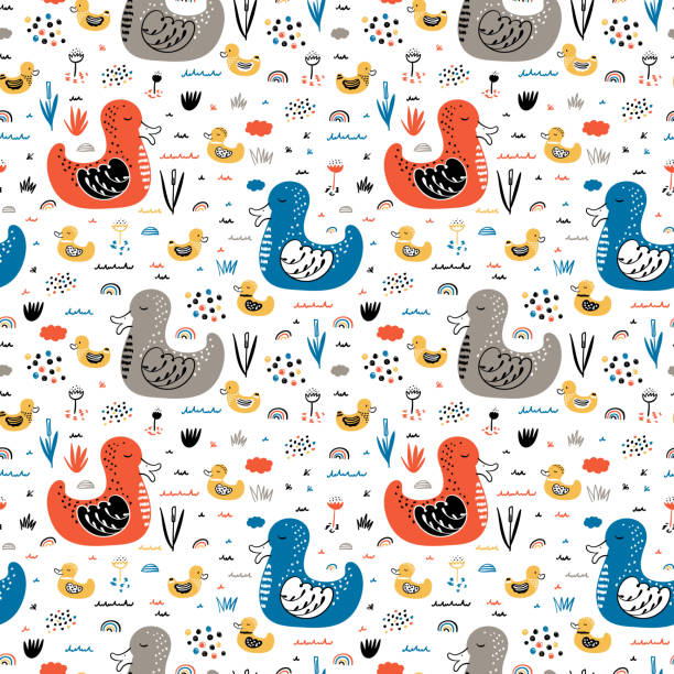 ilustrações de stock, clip art, desenhos animados e ícones de childish seamless pattern with cute ducks. baby background with birds. mother duck swims with her little cute ducklings in the pond. vector illustration - duckling parent offspring birds