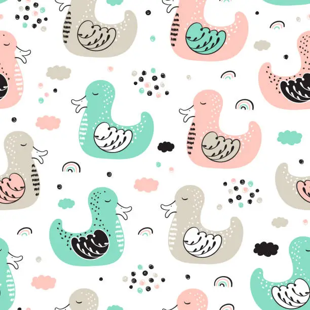 Vector illustration of Seamless Pattern with Cute Ducks. Baby Background with Birds. Vector illustration