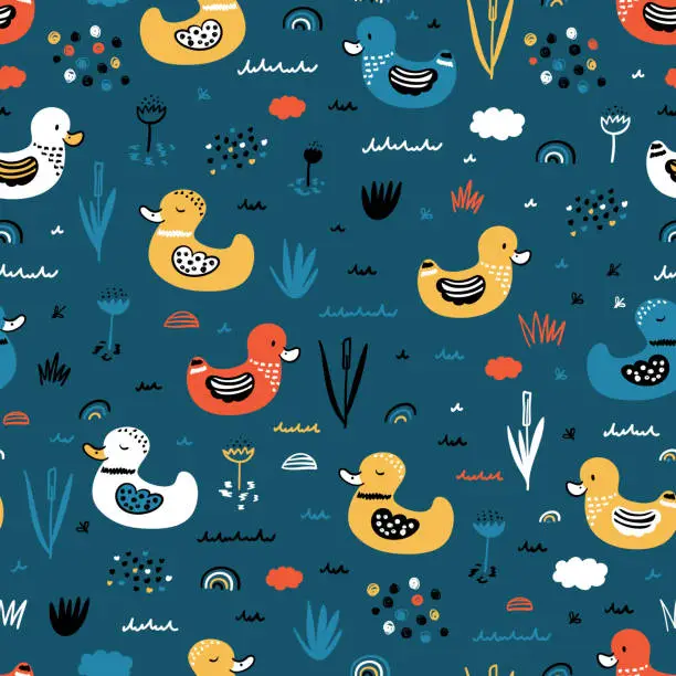 Vector illustration of Seamless Pattern with Cute baby Ducks. Baby Background with Birds. Little ducklings swims in the pond. Vector illustration