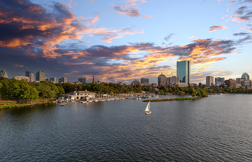 Panoramic view of Boston downtown and historic center from the landmark Longfellow bridge over Charles River.