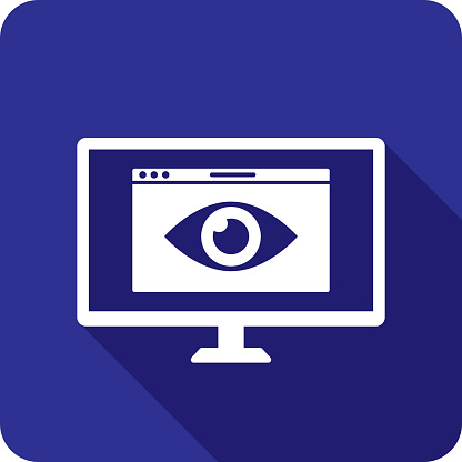Vector icon of a blue computer monitor with eye in flat style.