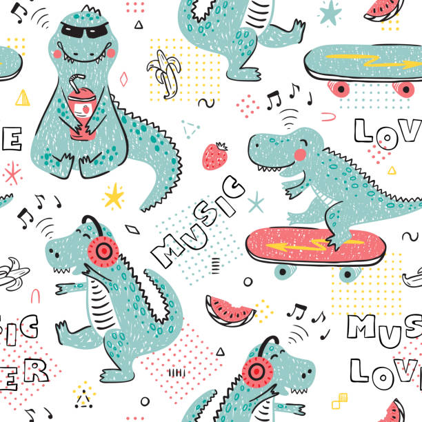 music lover dinosaur bezszwowy wzór dla mody dziecięcej. dziecinne tło z cute dinozaury. ilustracja wektorowa cartoon animal - strawberry plant audio stock illustrations