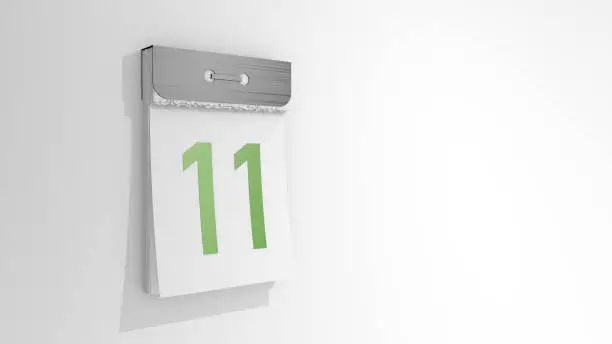 Tear-off calendar with number 11. Stylish 3D rendering of the eleventh date. 3d illustration on white background day eleven.