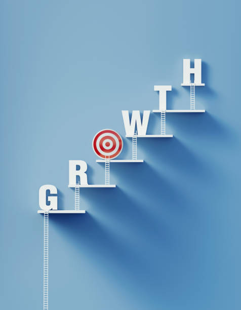 istock White Ladders Lean over A Bull's Eye Target and Write Growth on Blue Wall 1292807300