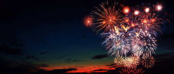 Abstract colored firework on dark sky. Celebration and anniversary concept