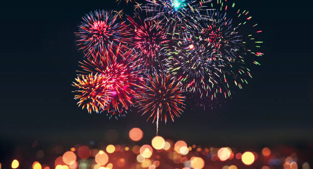 Abstract colored firework on dark sky. Celebration and anniversary concept Colorful firework with bokeh background. New Year celebration, Abstract holiday background firework colors stock pictures, royalty-free photos & images