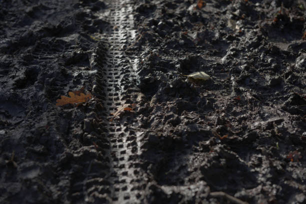 2 - lighter footprints and bike tracks in deep winter season mud. - mud road tire track footpath imagens e fotografias de stock